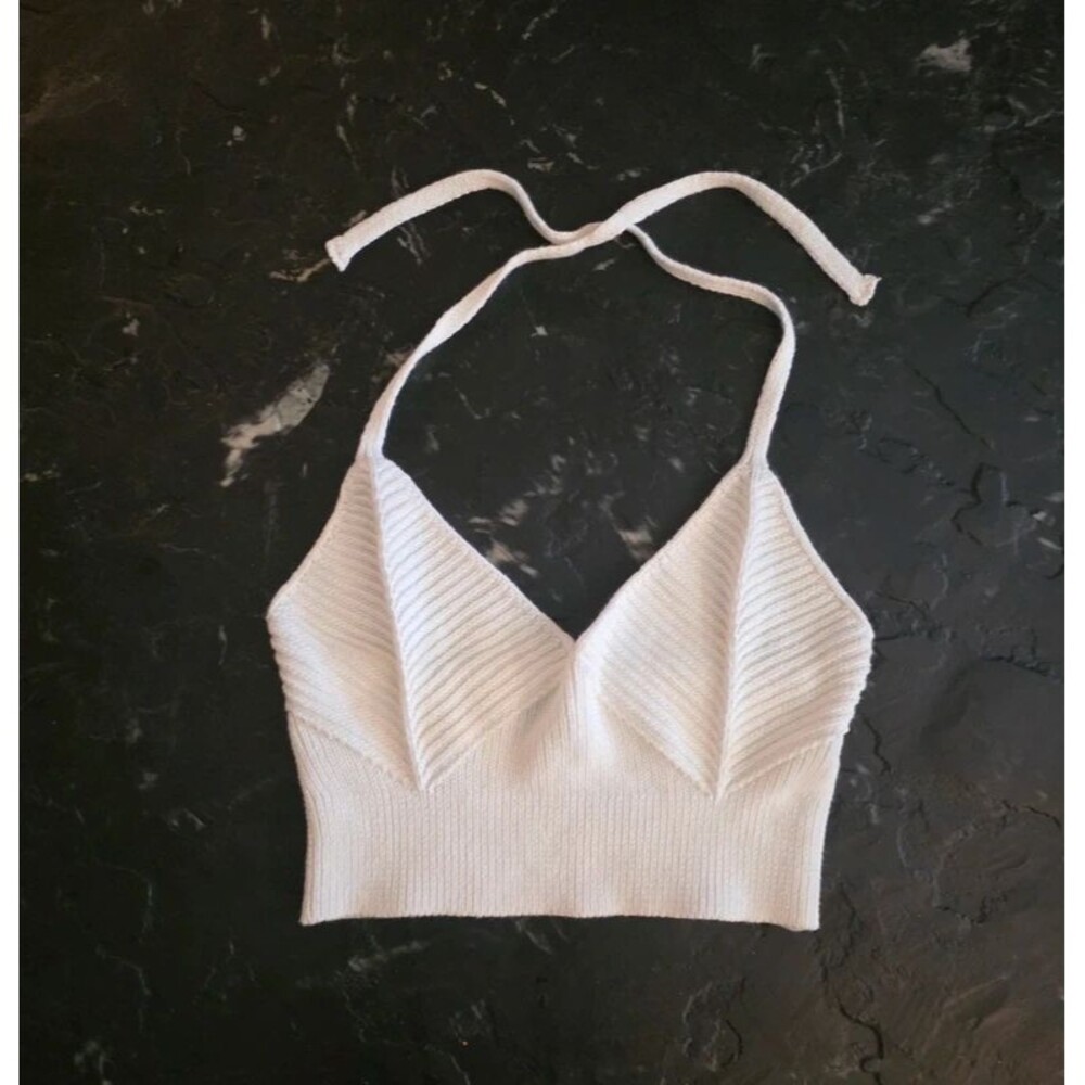 Vintage Benetton Made in Italy Y2K Cotton Knit Halter Crop Top White Womens S